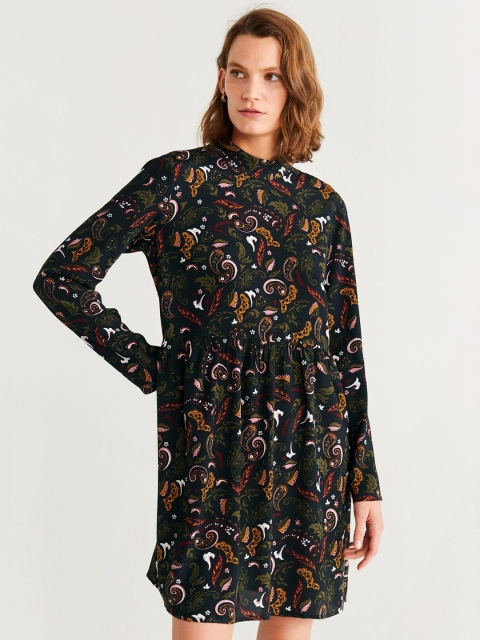 

MANGO Women Black & Olive Green Printed A-Line Dress
