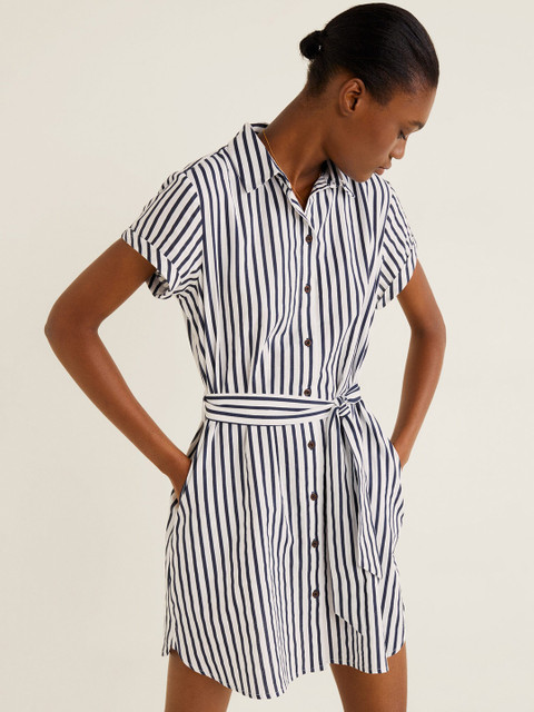 

MANGO Women White & Navy Striped Shirt Dress