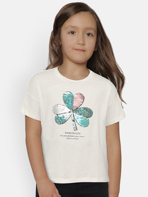 

Mango Kids Girls White Embellished Round Neck Pure Cotton T-shirt