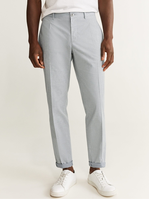 

MANGO MAN Men Grey Melange Tapered Fit Self Design Cropped Regular Trousers