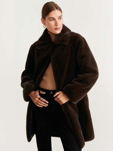 

MANGO Women Coffee Brown Faux Fur Solid Coat