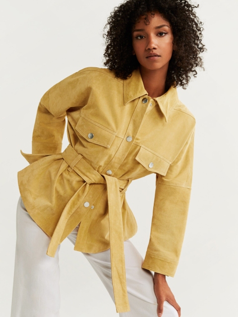 

MANGO Women Mustard Yellow Solid Leather Jacket