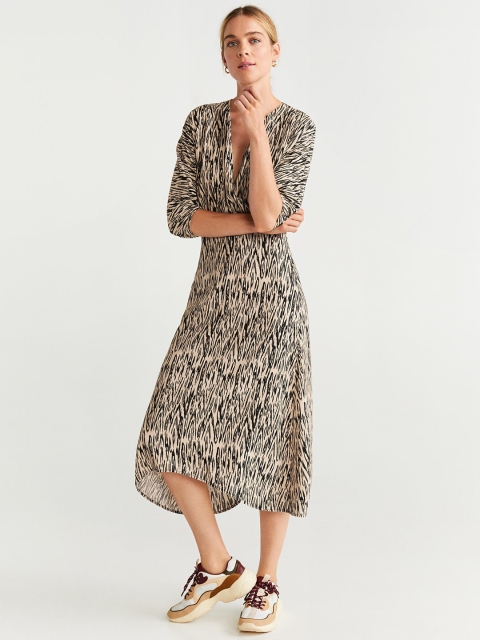 

MANGO Women Beige & Black Printed Wrap Dress