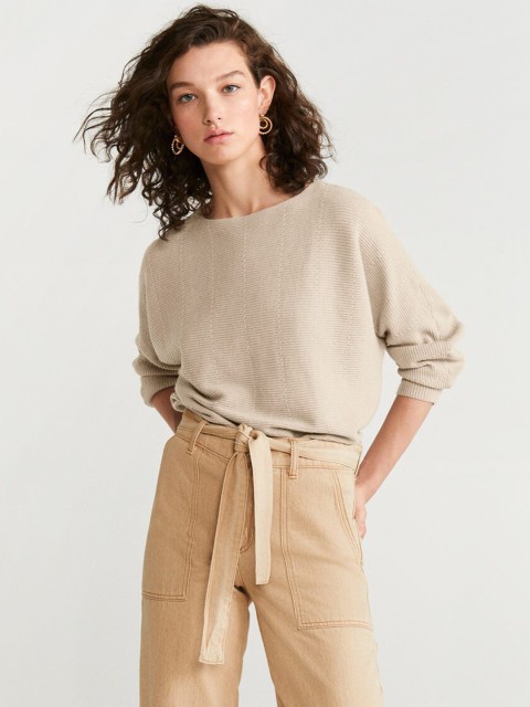 

MANGO Women Beige Self-Striped Sweater