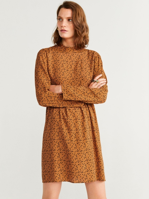 

MANGO Women Mustard Brown & Black Printed A-Line Dress
