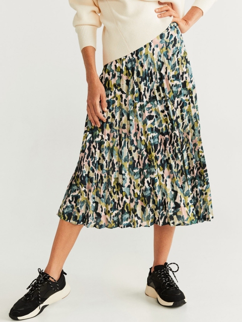 

MANGO Women Green & Black Accordion Pleats Camouflage Print Midi A-Line Skirt