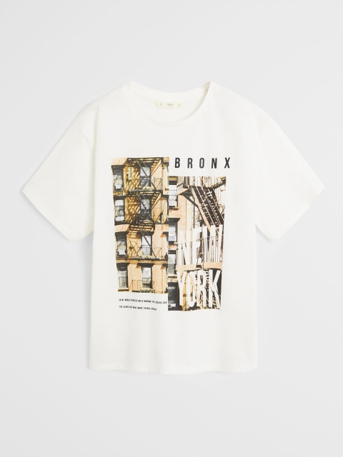 

Mango Kids Boys White & Beige Printed Round Neck T-shirt