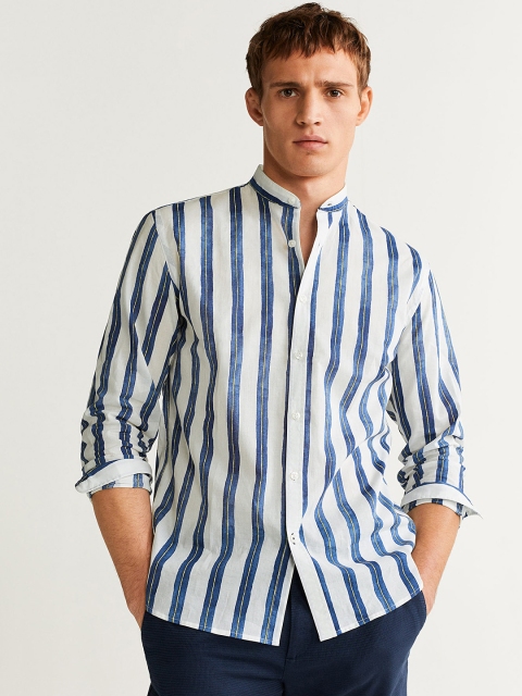 

MANGO MAN White & Navy Blue Regular Fit Striped Casual Shirt