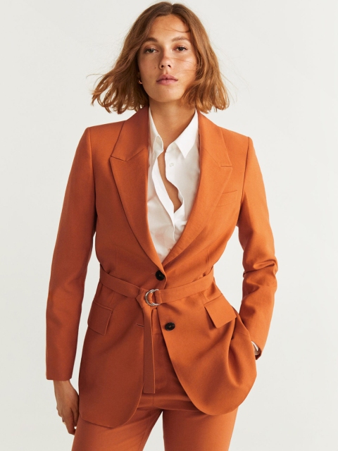 

MANGO Women Orange Solid Single-Breasted Blazer