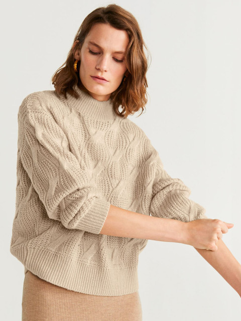 

MANGO Women Beige Self Design Sweater