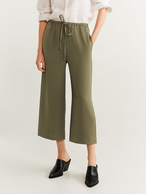 

MANGO Women Olive Green Satin Finish Regular Fit Solid Cropped Parallel Trousers