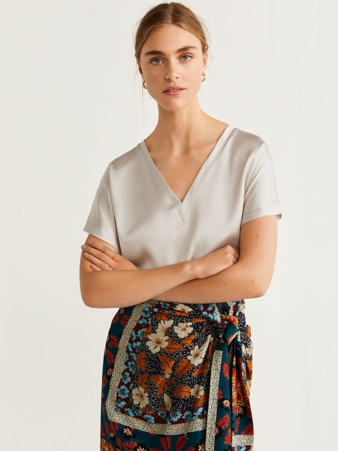 

MANGO Women Off-White Satin Finish Solid Top