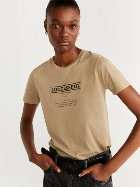 

MANGO Women Beige Printed Round Neck T-shirt