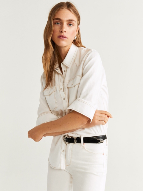 

MANGO Women Off-White Regular Fit Solid Casual Denim Shirt