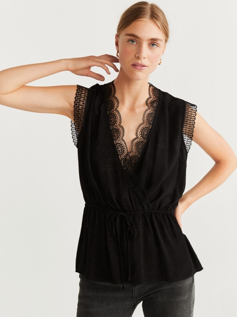 

MANGO Women Black Printed Lace Wrap Top