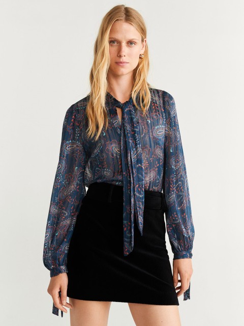 

MANGO Women Navy Blue & Coral Orange Ethnic Print Pleated Top