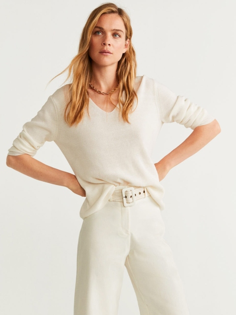 

MANGO Women Off-White Ribbed Sweater