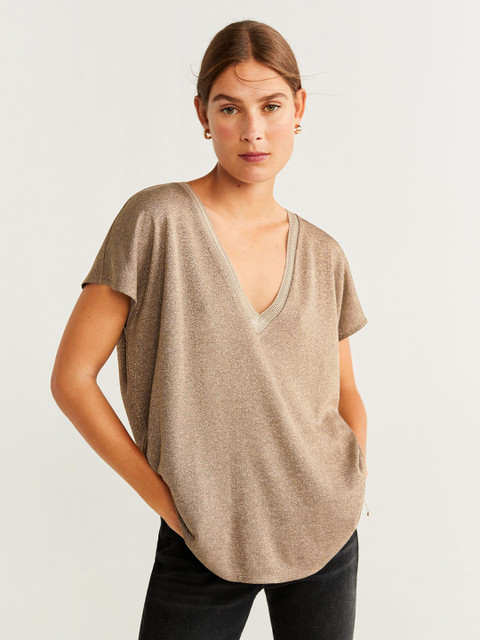 

MANGO Women Beige Shimmery Solid Boxy Top