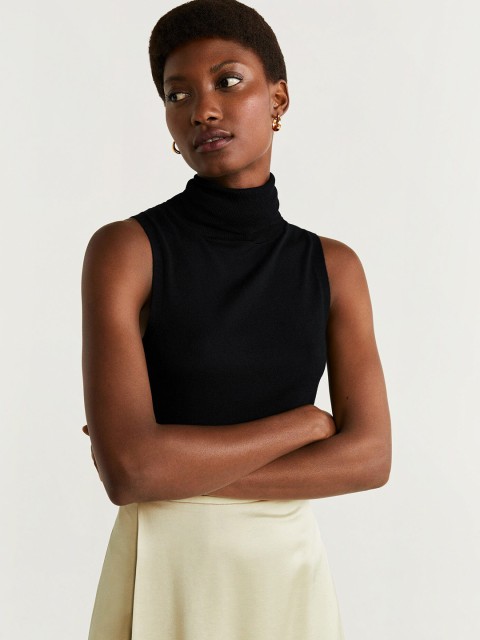 

MANGO Women Black Solid Fitted Top