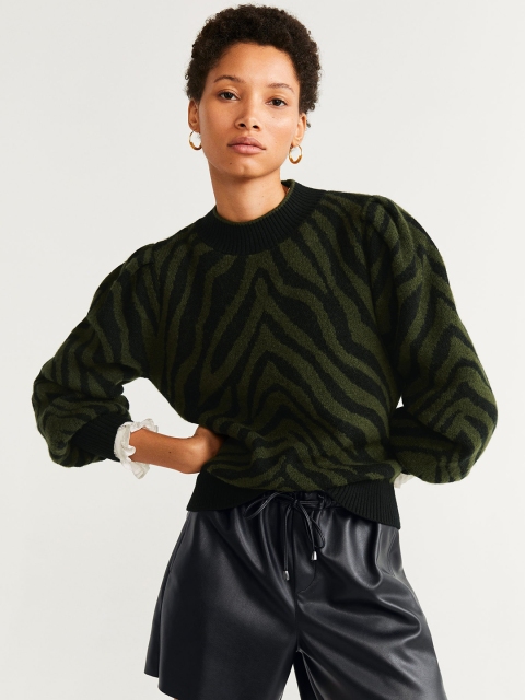 

MANGO Women Green & Black Self-Design Sweater