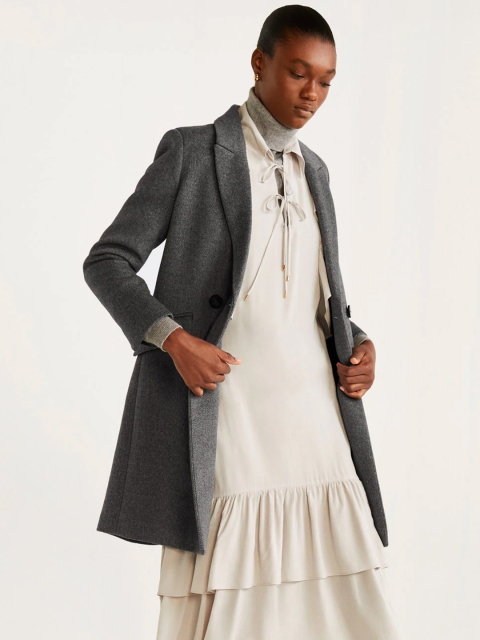 

MANGO Women Grey Solid Double-Breasted Longline Coat