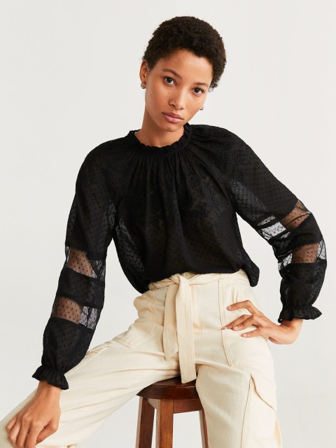 

MANGO Women Black Self-Design Semi-Sheer Regular Top