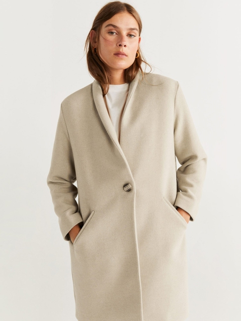 

MANGO Women Cream-Coloured Solid Overcoat