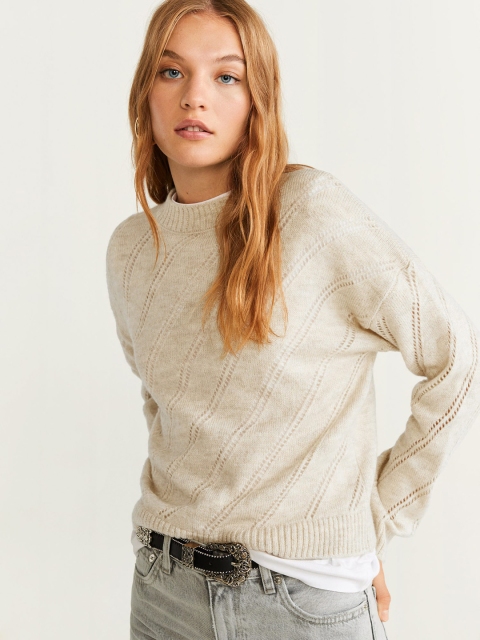 

MANGO Women Beige Open Knit Sweater