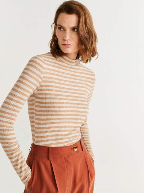 

MANGO Women Beige Striped Fitted Top