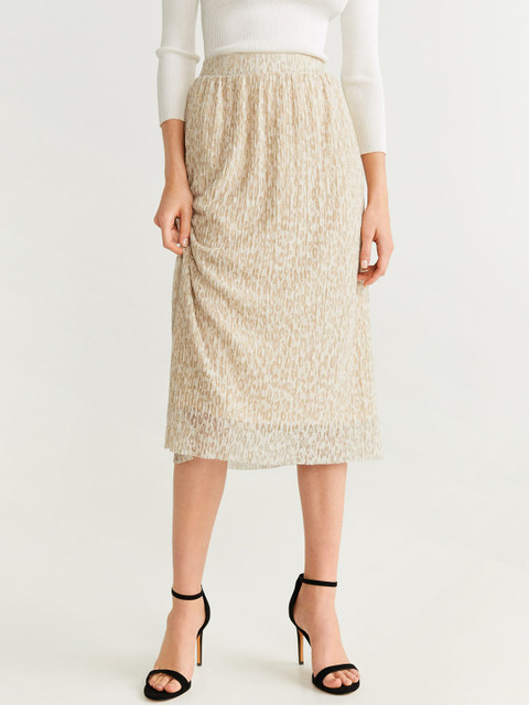 

MANGO Women Beige Leopard Self Design Midi A-Line Skirt with Gathered Detail