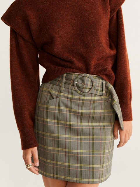 

MANGO Women Taupe & Green Checked Straight Skirt