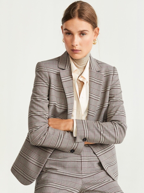 

MANGO Women Beige and Brown Checked Single-Breasted Formal Blazer