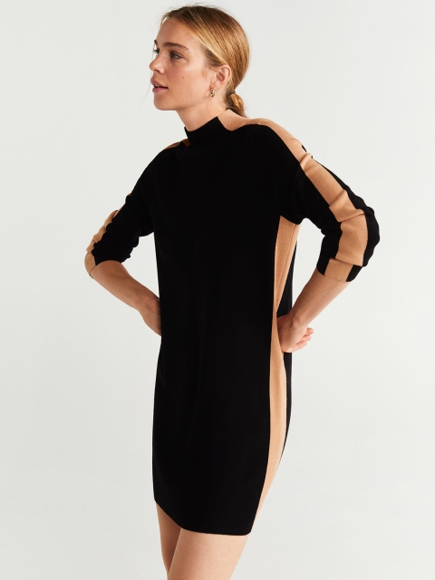 

MANGO Women Black & Beige Solid Sweater Dress