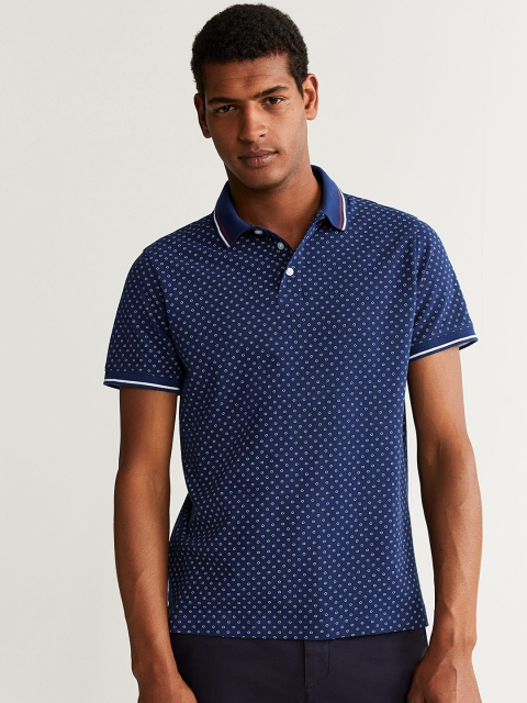 

MANGO MAN Navy Blue & Red Printed Polo Collar T-shirt