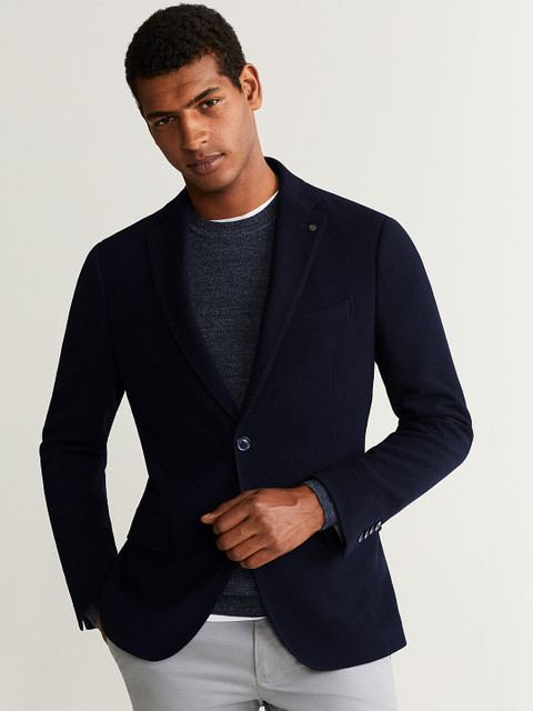 

MANGO MAN Navy Blue Textured Slim Fit Single-Breasted Casual Blazer