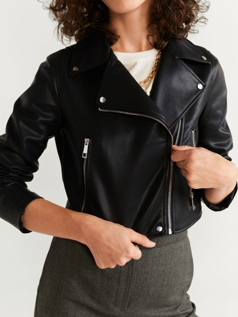 

MANGO Women Black Solid Asymmetric Closure Biker Jacket