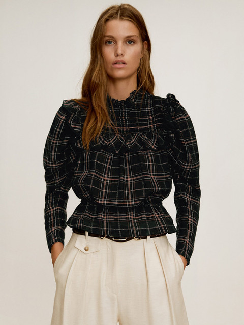 

MANGO Women Black & Brown Checked Ruffle Cinched Top