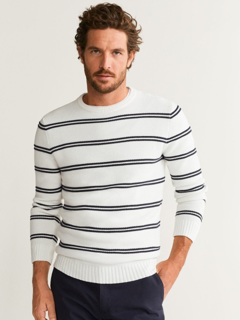 

MANGO MAN Men White & Navy Blue Striped Sweater