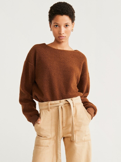

MANGO Women Brown Solid Fuzzy Sweatshirt