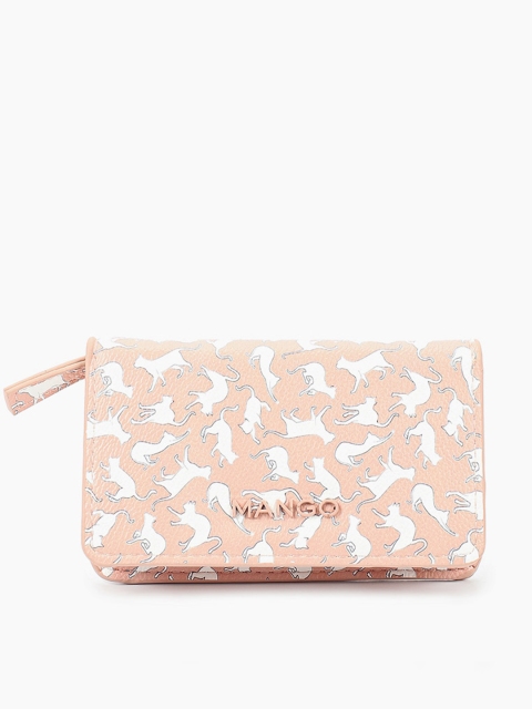 

MANGO Women Peach-Coloured & White Cats Print Two Fold Wallet