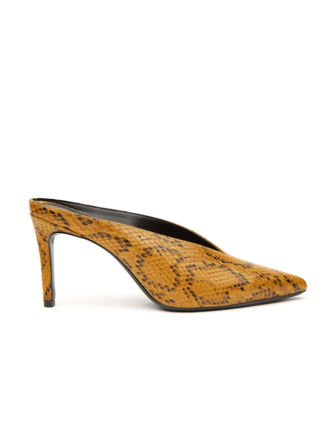 

MANGO Women Mustard Yellow & Brown Snakeskin Textured Mules