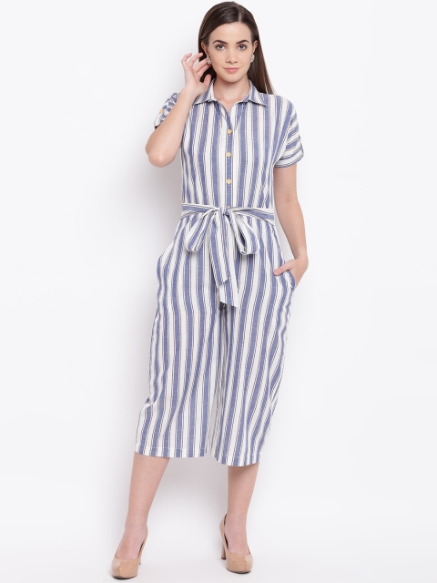 

Cottinfab Women White & Blue Striped Culotte Jumpsuit