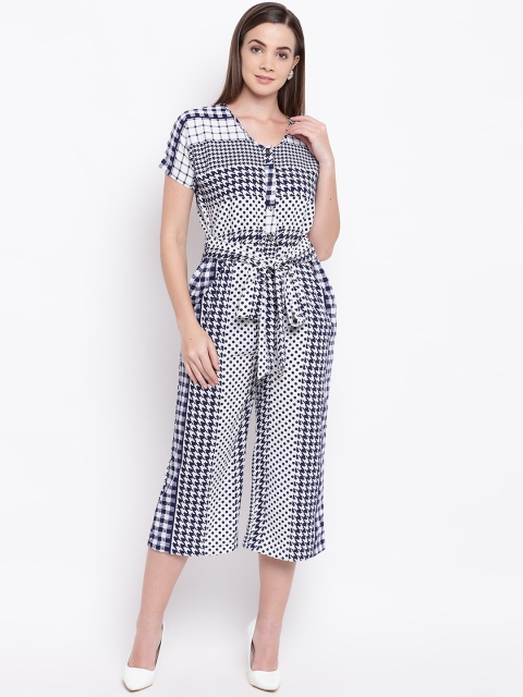 

Cottinfab Women White & Navy Blue Printed Culotte Jumpsuit