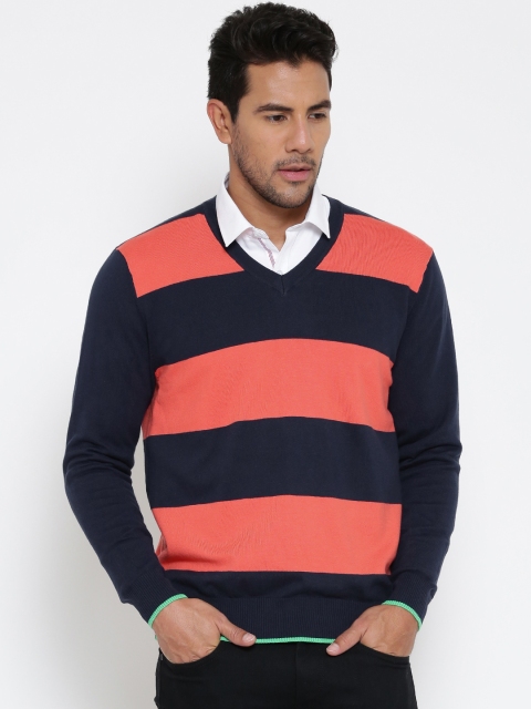 Flying Machine Navy & Coral Orange Striped Sweater, Navy blue