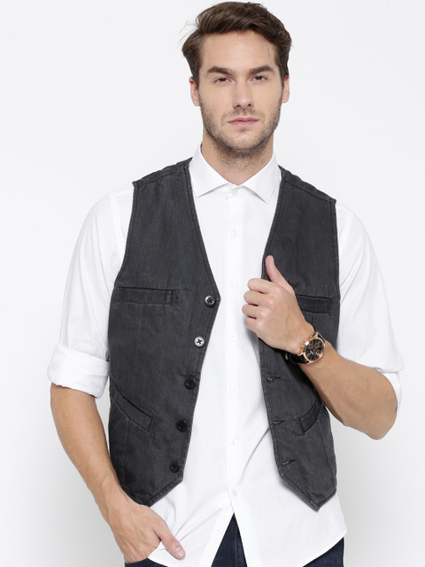 

Flying Machine Charcoal Grey Denim Pure Cotton Waistcoat