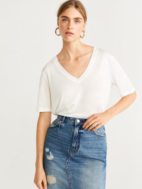 

MANGO Women White Solid V-Neck T-shirt