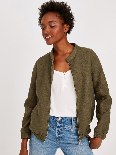 

promod Women Olive Green Self Design Lightweight Bomber Jacket