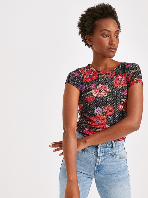 

promod Women Black & Red Printed Round Neck T-shirt