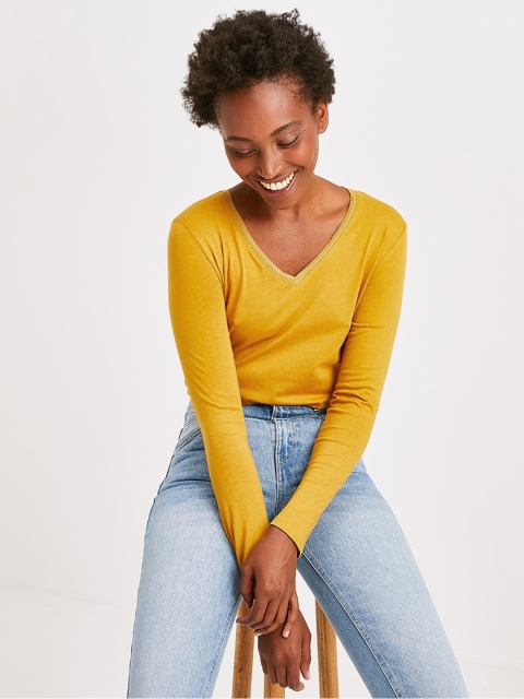 

promod Women Mustard Yellow Solid Fitted Top