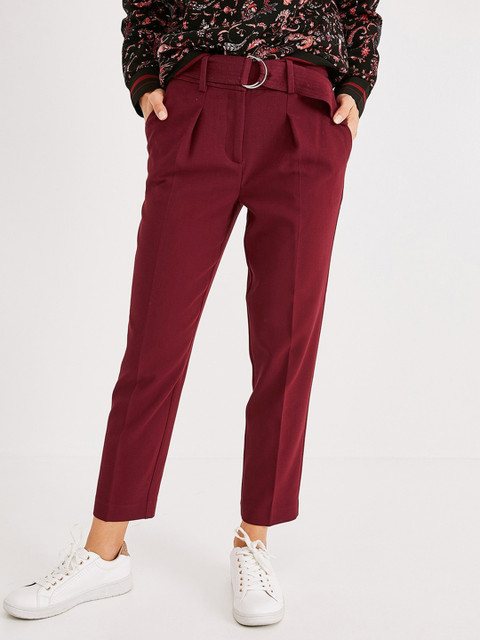 

promod Women Maroon Regular Fit Solid Regular Trousers